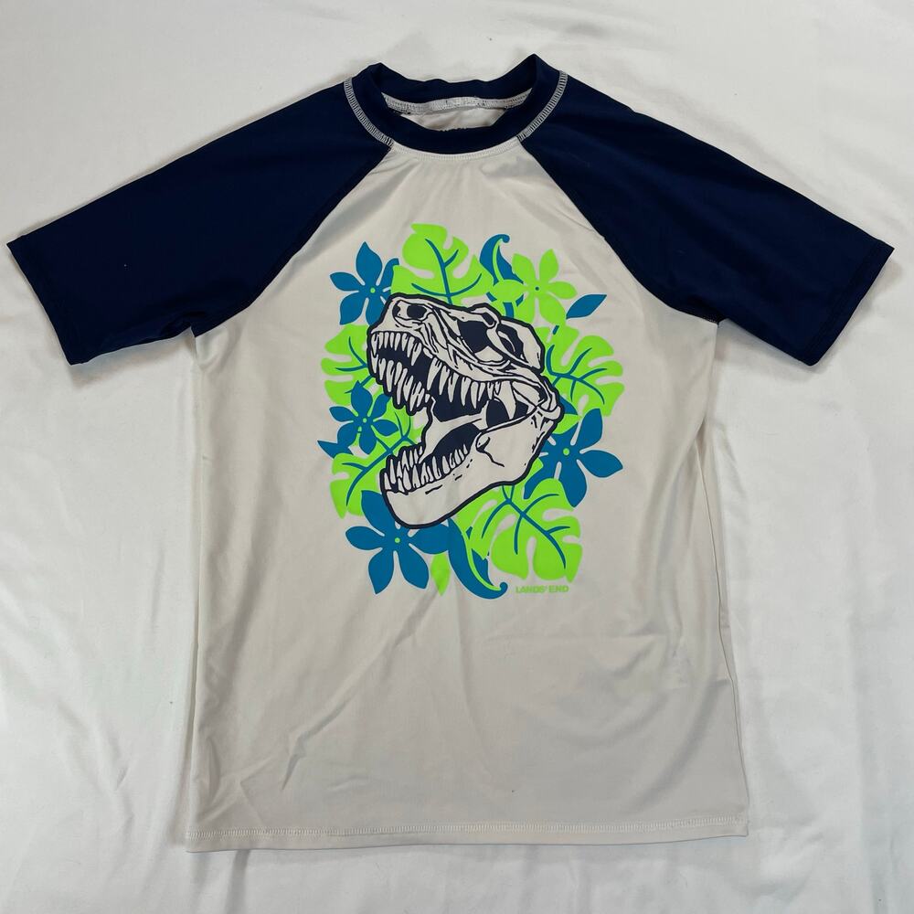 Lands' End Boys Blue White T-Rex Dinosaur Rash Guard Swim Shirt Size M 8